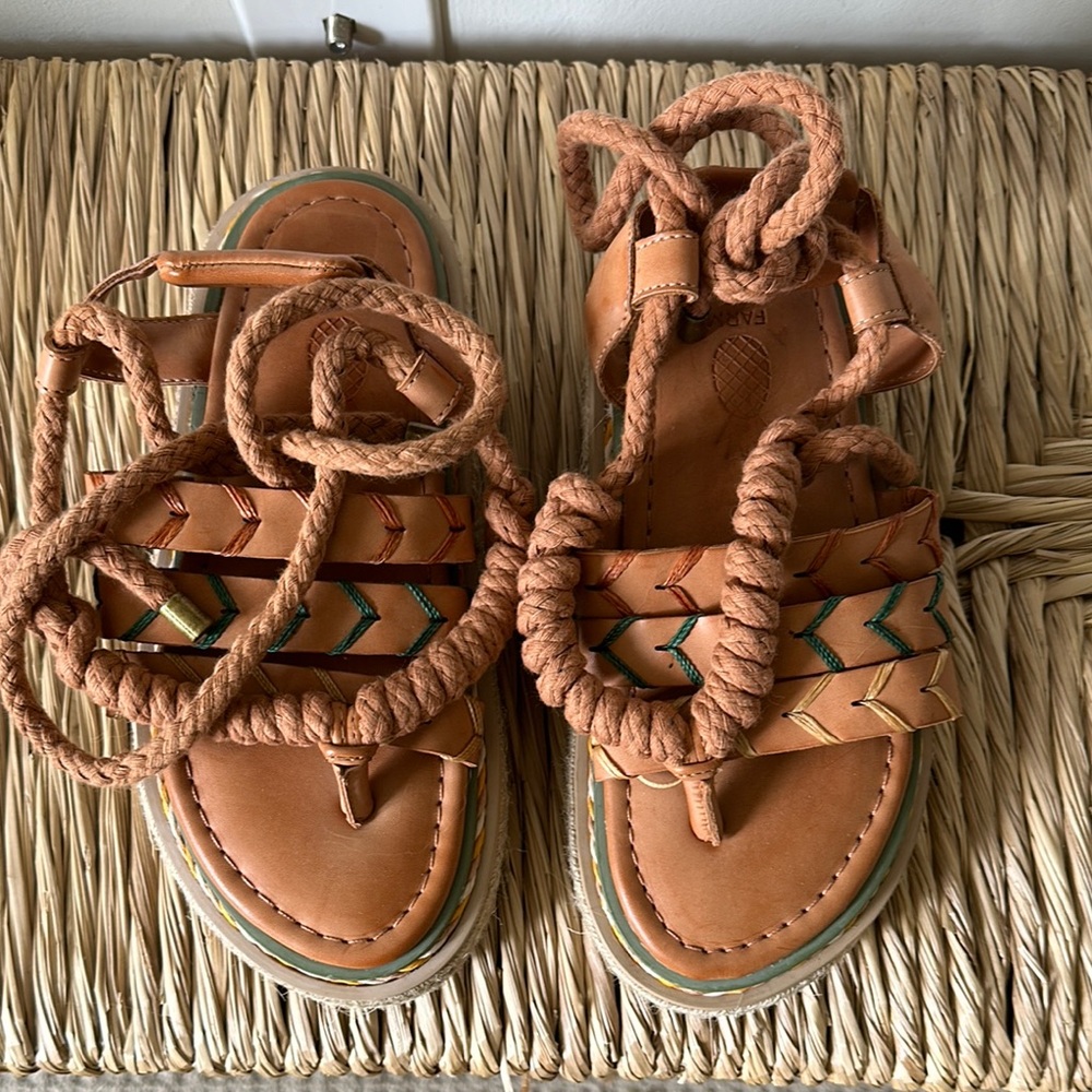 Farm Rio Tan Leather Sandals with Braided Straps